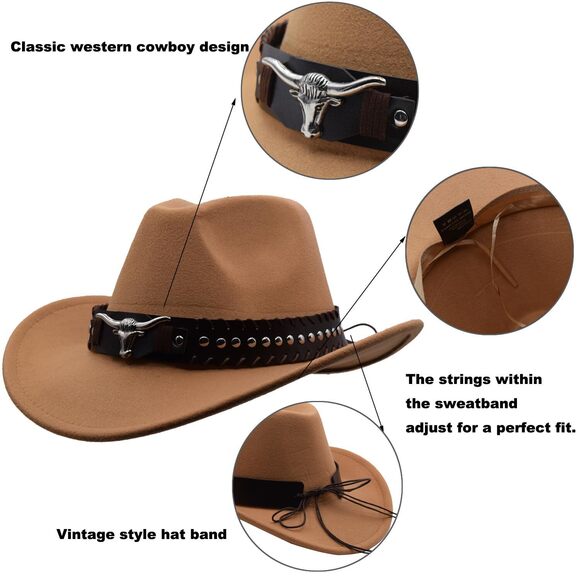 1114 Unisex Western Cowboy Hat Fur Felt Cowgirl Hats Wide Brim With Belt main image 8